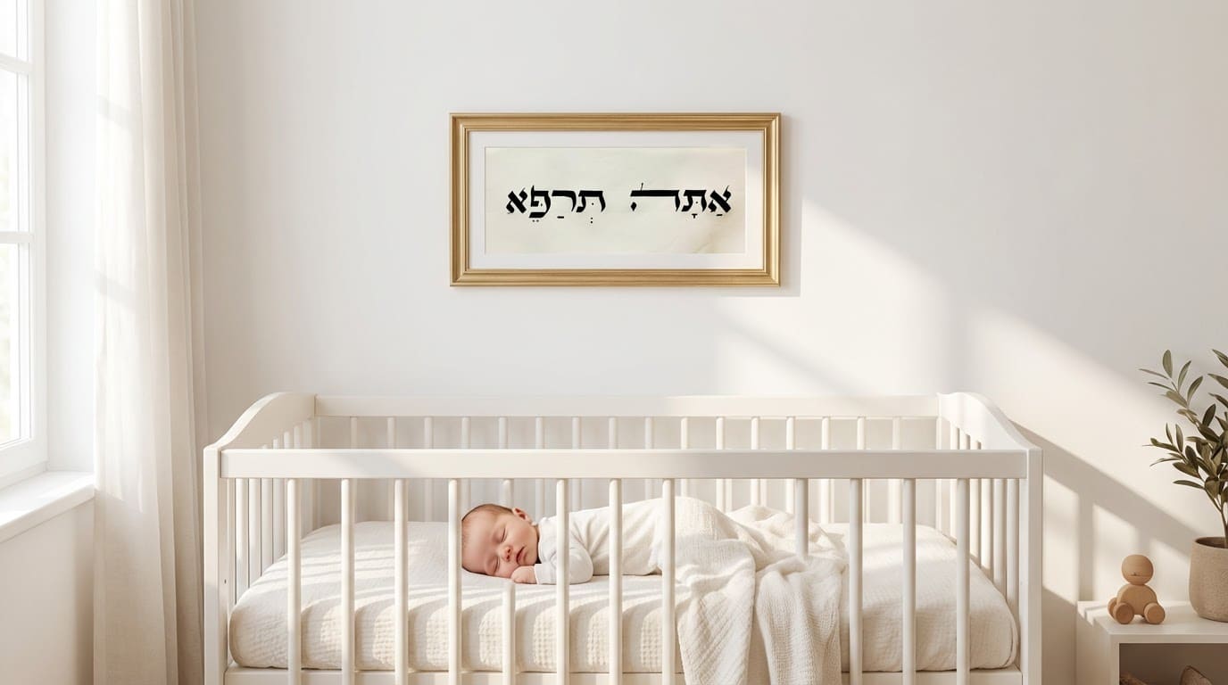 תינוק ישן בעריסה בבית ועל הקיר מאחוריו תלוי האתה תרפא