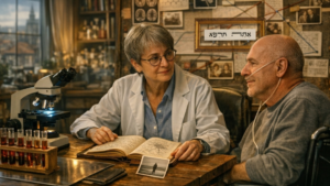 רופאה יושבת עם חולה במחלה קשה במרפאה שלה, וחוקרת יחד איתו את המחלה שלו