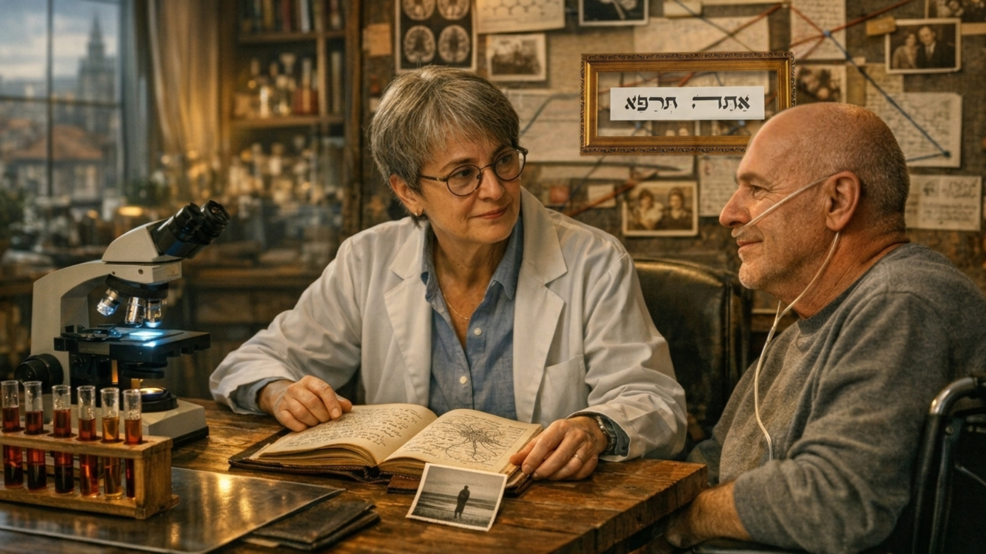 רופאה יושבת עם חולה במחלה קשה במרפאה שלה, וחוקרת יחד איתו את המחלה שלו
